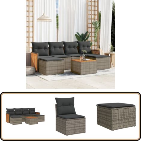 7-tlg. Garten-Sofagarnitur mit Kissen Grau Poly Rattan - Gartenmöbel Set - Rattan Möbel - Outdoor Lounge - Esstisch - Sofasitzgruppe