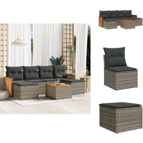 7-tlg. Garten-Sofagarnitur mit Kissen Grau Poly Rattan - Gartenmöbel Set - Rattan Möbel - Outdoor Lounge - Esstisch - Sofasitzgruppe