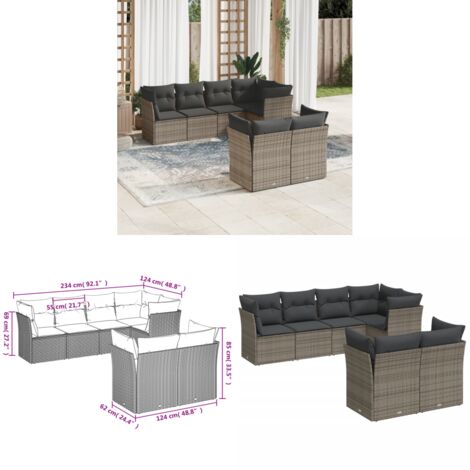7-tlg. Garten-Sofagarnitur mit Kissen Grau Poly Rattan - Gartensofas - Outdoor Möbel - Lounge Set - Gartenlounge - Rattan Sofa - Home & Living
