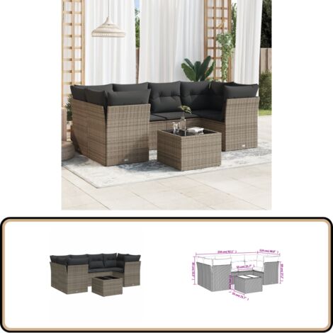 7-tlg. Garten-Sofagarnitur mit Kissen Grau Poly Rattan - Gartensortiment - Outdoor Möbel - Lounge Set - Rattan Sofa - Gartenlounge