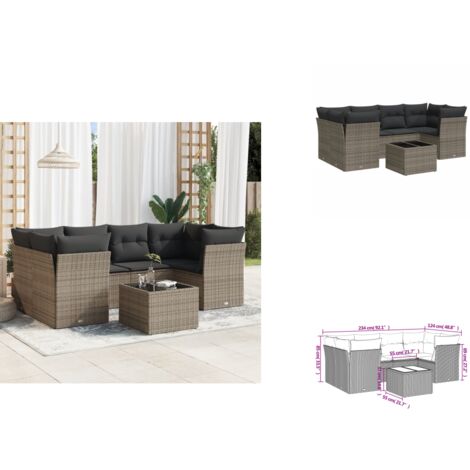 7-tlg. Garten-Sofagarnitur mit Kissen Grau Poly Rattan - Gartensortiment - Outdoor Möbel - Lounge Set - Rattan Sofa - Gartenlounge