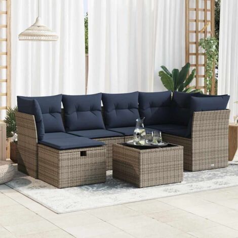7-tlg. Garten-Sofagarnitur mit Kissen Grau Poly Rattan vidaXL