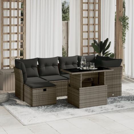 7-tlg. Garten-Sofagarnitur mit Kissen Grau Poly Rattan vidaXL