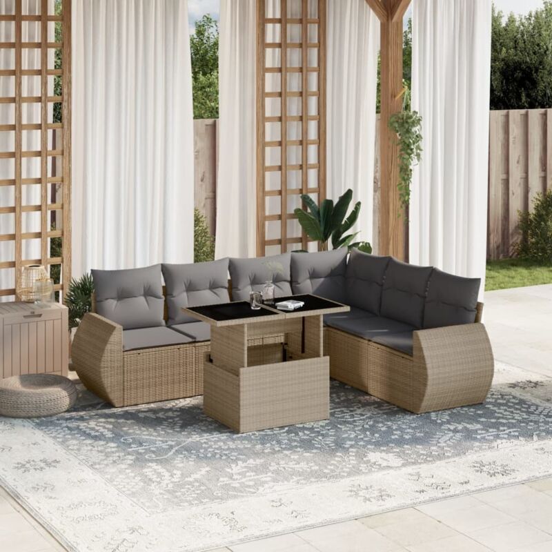 7-tlg. Garten-sofagarnitur Mit Kissen Beige Poly Rattan - Vidaxl