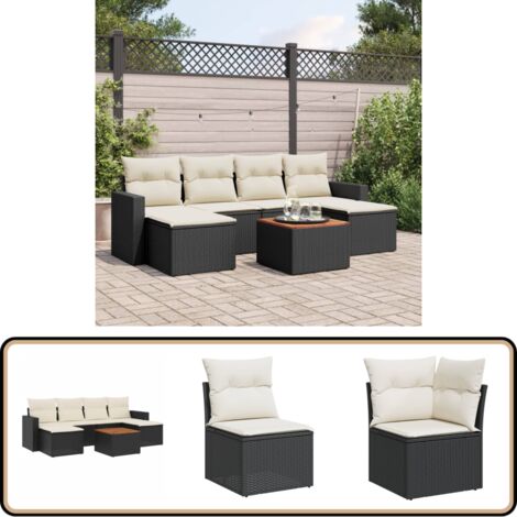 7-tlg. Garten-Sofagarnitur mit Kissen Schwarz Poly Rattan - Gartenmöbel - Esstischgarnituren - Outdoor Möbel - Lounge Set - Rattan Gartenmöbel