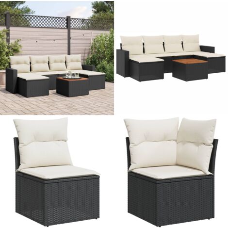 7-tlg. Garten-Sofagarnitur mit Kissen Schwarz Poly Rattan - Gartenmöbel - Esstischgarnituren - Outdoor Möbel - Lounge Set - Rattan Gartenmöbel - Home & Living