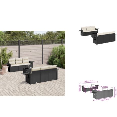 7-tlg. Garten-Sofagarnitur mit Kissen Schwarz Poly Rattan - Gartenmöbel - PE-Rattan - Outdoor Möbel - Lounge Set - Sofasitzgruppe