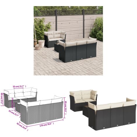 7-tlg. Garten-Sofagarnitur mit Kissen Schwarz Poly Rattan - Gartenmöbel Set - PE-Rattan Möbel - Outdoor Sofa - Esstisch - Lounge Garnitur - Home & Living