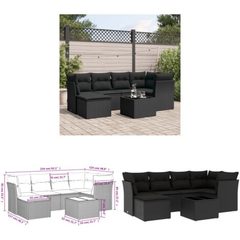 7-tlg. Garten-Sofagarnitur mit Kissen Schwarz Poly Rattan - Gartenmöbel Set - PE-Rattan Möbel - Outdoor Sofa - Esstisch Set - Lounge Set - Home & Living