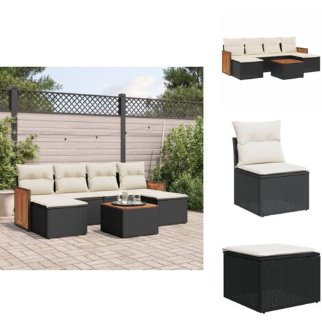 7-tlg. Garten-Sofagarnitur mit Kissen Schwarz Poly Rattan - Gartenmöbel Set - Rattan Möbel - Outdoor Lounge - Esstisch - Sofasitzgruppe