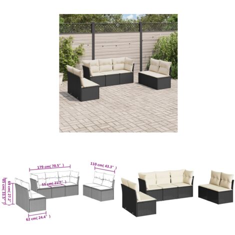 7-tlg. Garten-Sofagarnitur mit Kissen Schwarz Poly Rattan - Gartensorgaunität - Outdoor Möbel - Lounge Set - Rattan Sofa - Gartenlounge - Home & Living