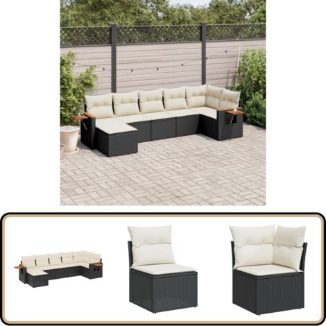 7-tlg. Garten-Sofagarnitur mit Kissen Schwarz Poly Rattan - Gartensorte - Gartenmöbelset - PE-Rattan Möbel - Outdoor Lounge Set - Balkonmöbel