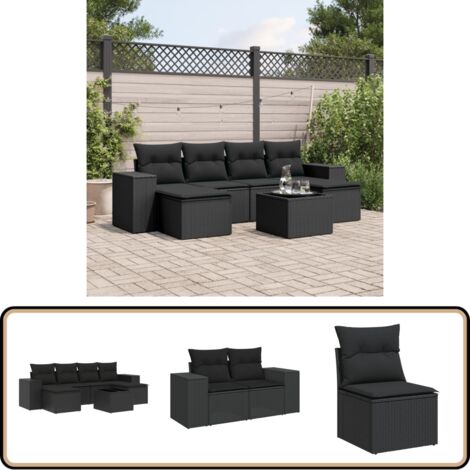 7-tlg. Garten-Sofagarnitur mit Kissen Schwarz Poly Rattan - Gartensorte - Gartenmöbelset - PE-Rattan Möbel - Outdoor Lounge Set - Balkonmöbel