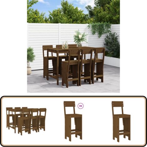 7-tlg. Gartenbar-Set Honigbraun Massivholz Kiefer - Gartenbar - Gartenmöbeln - Holzmöbel - Esstisch - Barhocker
