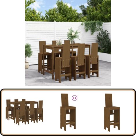 7-tlg. Gartenbar-Set Honigbraun Massivholz Kiefer - Gartentisch - Barhocker - Gartenmöbel - Outdoor Möbel - Holzmöbel