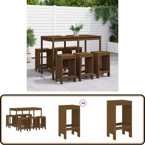 7-tlg. Gartenbar-Set Honigbraun Massivholz Kiefer - Gartentisch - Barhocker - Gartenmöbel - Outdoor Möbel - Holzmöbel