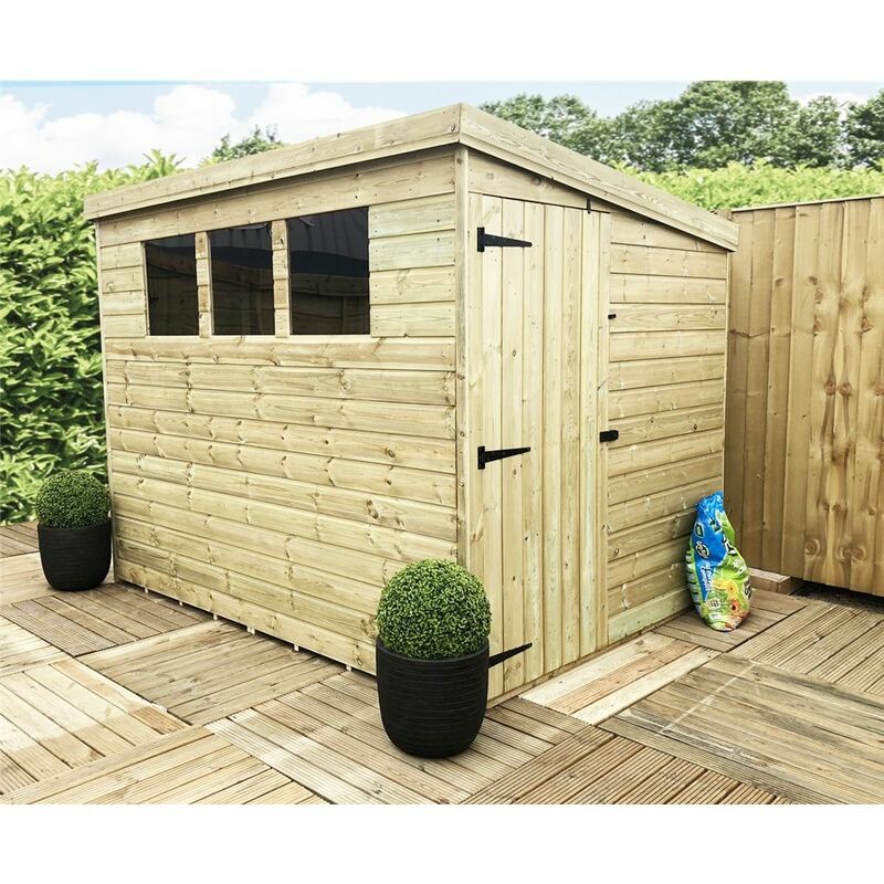 7 x 6 Pressure Treated Tongue And Groove Pent Shed With 3 Windows And Single Side Door + Safety Toughened Glass