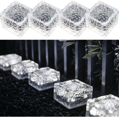 7 x 7 x 5 cm Lot de 4 briques solaires à lumière blanche froide en PVC avec capteur de lumière, lumières solaires marche/arrêt pour allée, pelouse, c