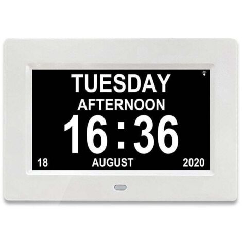 7-Zoll-LCD-Digitaluhr mit Kalender und Datum, Kalenderuhr mit Datum, Tag und Uhrzeit, Alzheimer-Uhr, Uhr für Senioren, für Eltern (weiß)
