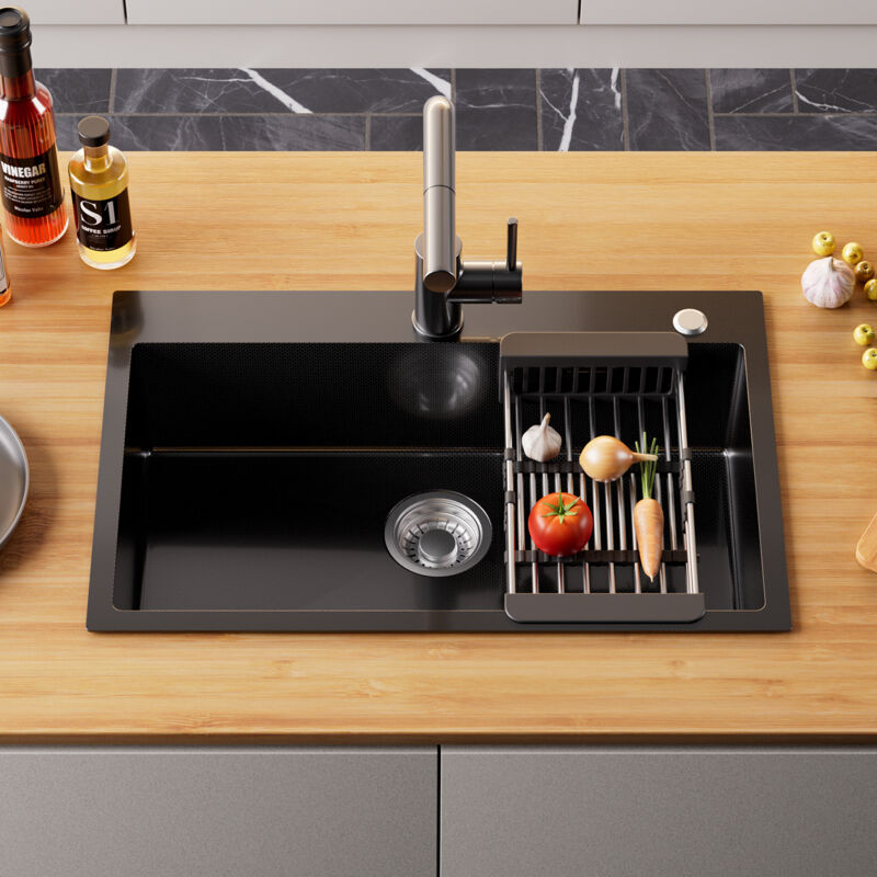 Anycee Max - 70 × 45 cm Évier 1 Bac avec Égouttoir Panier, Évier Cuisine Inox Anthracite, Montage à Encastrer et à Fleur pour meuble de 80 cm