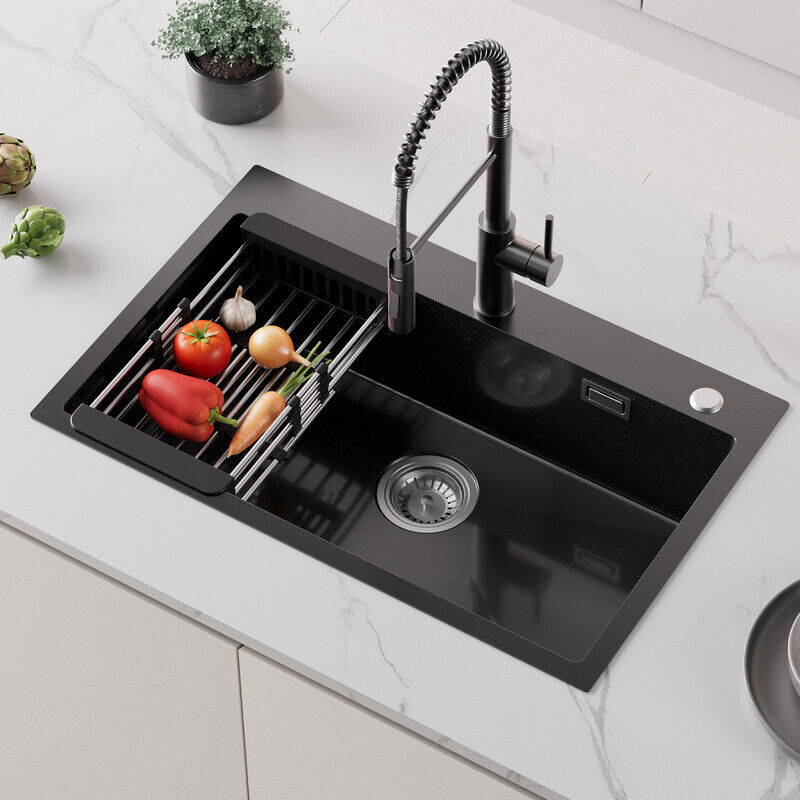 70 × 45 CM Évier 1 Bac avec Égouttoir Panier, Évier Cuisine Inox, Montage à Encastrer et à Fleur pour meuble de 80 CM, Anthracite
