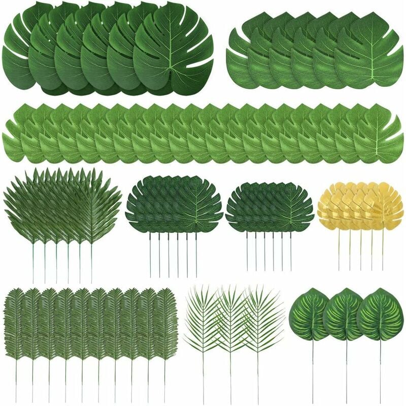 70 pièces 10 Sortes de Feuilles de Palmier artificielles décorations de Feuilles Tropicales pour décorations de fête dans la Jungle Plage Luau
