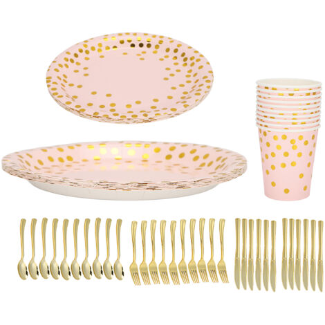 70 Pièces Assiettes Jetables Élégantes Rose et Doré pour Fêtes, Matériaux Alimentaires, Pratique et Gain de Temps