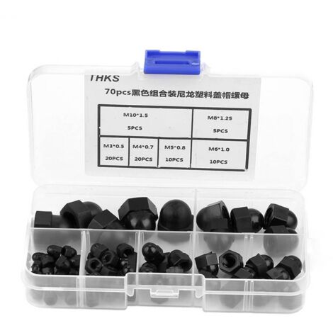 70-teiliges Set aus Nylon-Sechskantschrauben mit Kegelform (M3/M4/M5/M6/M8/M10) für mechanische und Möbelmontage – Schwarz