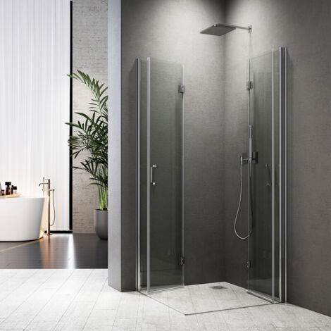 70 x 75 x 195 cm Duschkabine Eckeinstieg Doppel Falttüren 180º Eckig Drehfalttür Dusche Duschwand Duschabtrennung, 6mm NANO ESG Glas