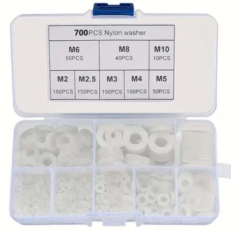 700 arandelas de plástico de nailon blanco, kit surtido de arandelas planas redondas de aislamiento, arandelas M2 M2.5 M3 M4 M5 M6 M8 M10 para mecánica