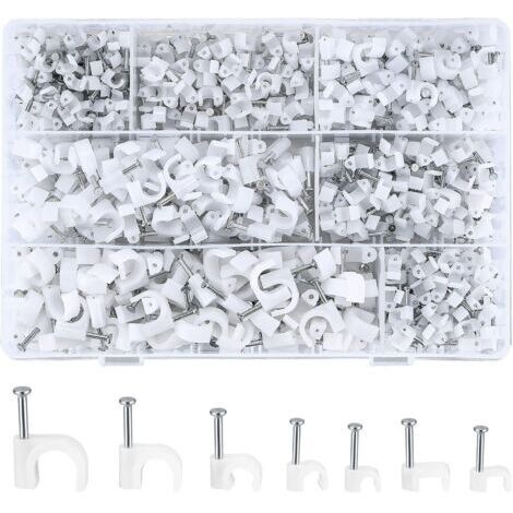 700 Pièces Attache-câble Ronde avec Clou en Acier, Clips Câble Ronds, Cavalier Cable Electrique Blanc, 4 mm/5 mm/6 mm/8 mm/10 mm
