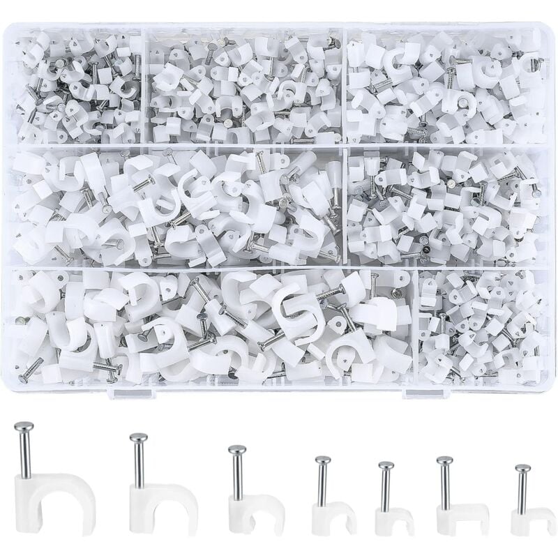 Jusch - 700 Pièces Attache-câble Ronde avec Clou en Acier, Clips Câble Ronds, Cavalier Cable Electrique Blanc, 4 mm/5 mm/6 mm/8 mm/10 mm