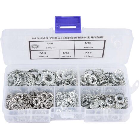 700 pièces Rondelles Grower Galvanisées Dentelées M3 M4 M5 M6 M8 pour Fixation et Assemblage