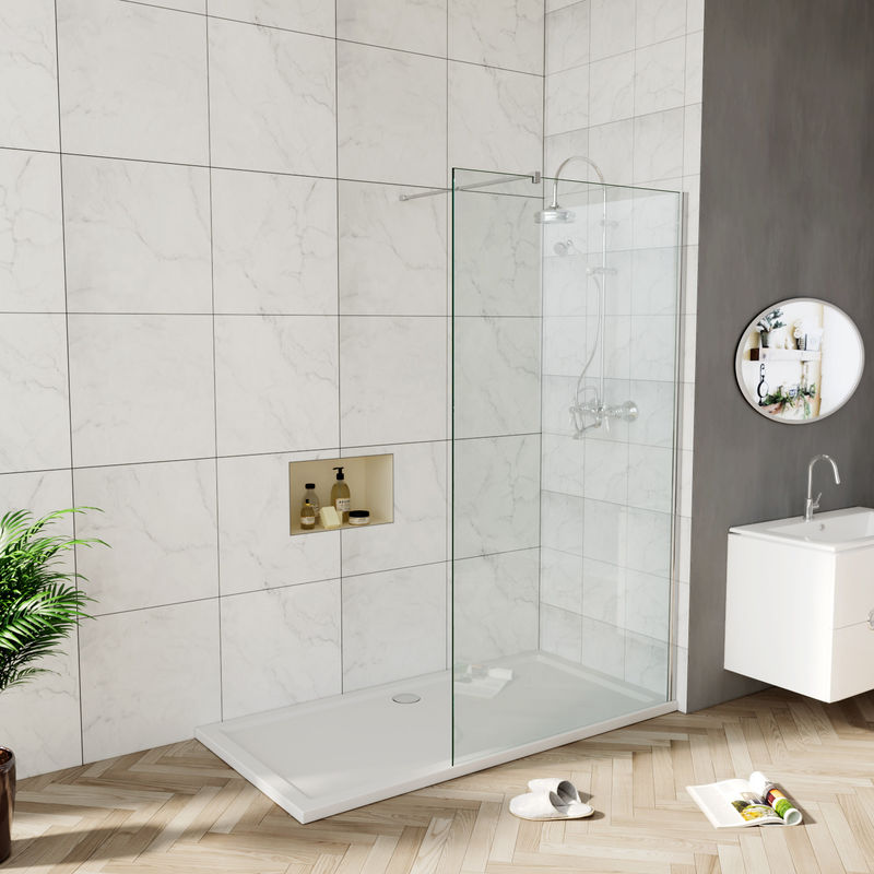 700x1850mm Walk in Shower Enclosure, Wet Room Screen Panel 6mm Tougheded Safety Glass with Support Bar - Elegant
