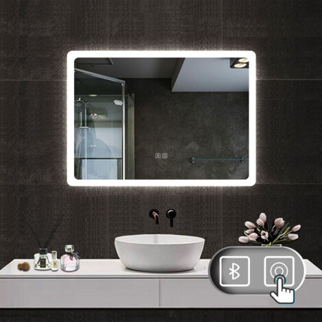 700X500 Rectangular Bathroom Mirror with 3 Colours Dimmable LED Lights,Wall Mounted,IP44 + Double bond Bluetooth + Shaver socket + Demister + Blackout memory