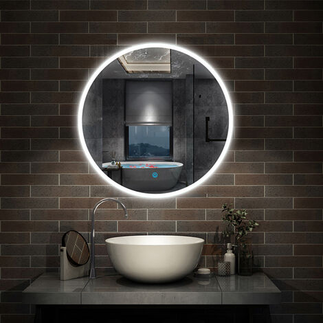 Round Bathroom Mirror with LED Lights,Touch Sensor,Cool White Light,Wall Mounted,IP44