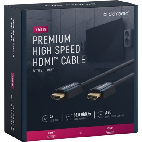70306 Clicktronic câble High Speed HDMI with Ethernet (7.5 mètres) - Cordon HDMI 2.0 mâle/mâle à hautes performances compatible 3D, Full HD (1080p) et Ultra HD 4K (2160p)