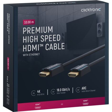 70307 Clicktronic câble High Speed HDMI with Ethernet (10 mètres) - Cordon HDMI 2.0 mâle/mâle à hautes performances compatible 3D et Full HD (1080p)
