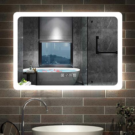 LED Badspiegel mit Uhr, Touch, Beschlagfrei Badezimmerspiegel Kaltweiß