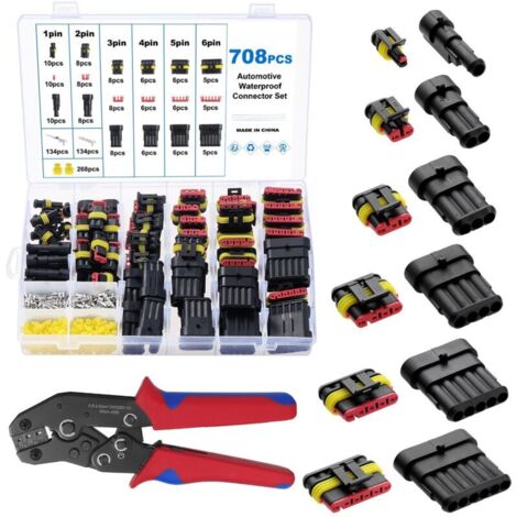 708 Pièces Connecteurs Étanches avec Pince à Sertir, Connecteur Electrique de Voiture Etanche 1/2/3/4/5/6 Broches, Imperméable à l'eau Connecteurs pour Moto Voiture Scooter Caravan, 20-13AWG