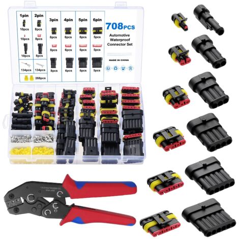 708-teiliges Set wasserdichte Steckverbinder mit Crimpzange, 1/2/3/4/5/6-polige Auto-Kfz-Stecker wasserdicht, wasserfeste Steckverbinder für Motorrad Auto Scooter Wohnmobil, 20-13AWG