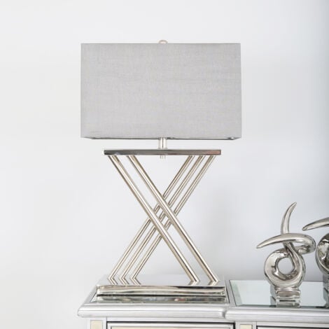 VANITY LIVING 70cm Luxury X-Shaped Metal Base Table Lamp with Grey Velvet Drum Shade Bedside Lamp