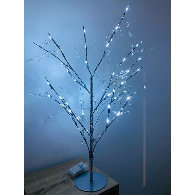 70cm Pre-Lit Jewelled Glitter Twig Tree - Silver