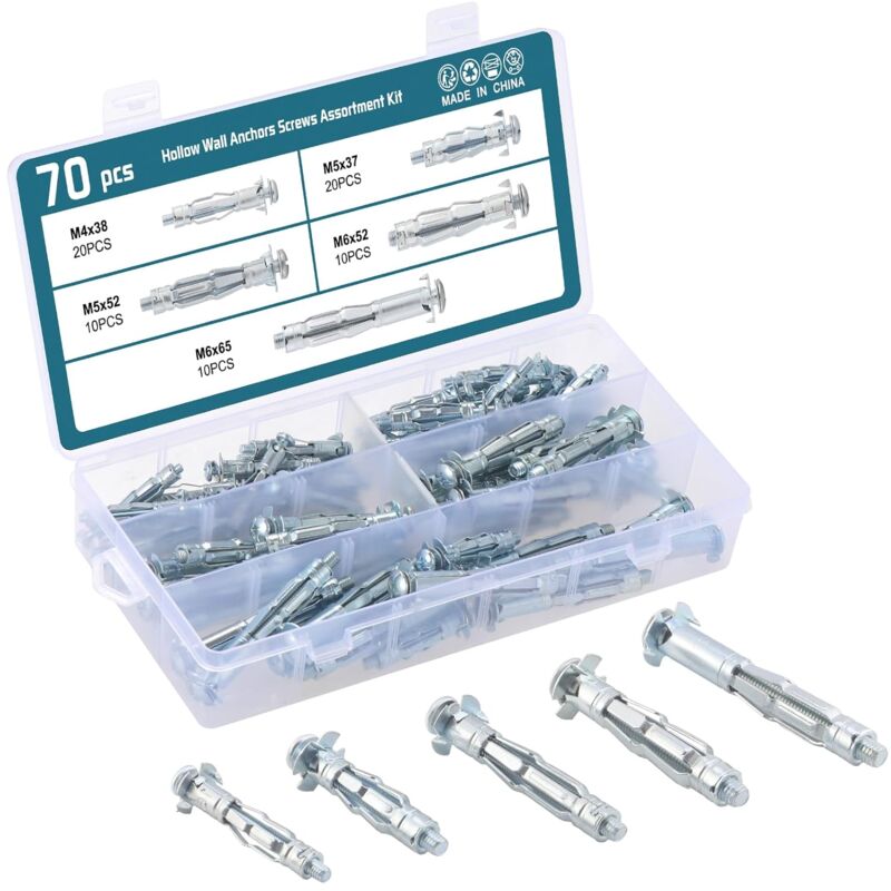 70Pcs Bolt Assortment Kit, Hollow Wall Anchors Perfect for Secure Drywall, Sheetrock and Paneling to Walls or Ceilings M4 x 38 mm, M5 x 37 mm, M5 x