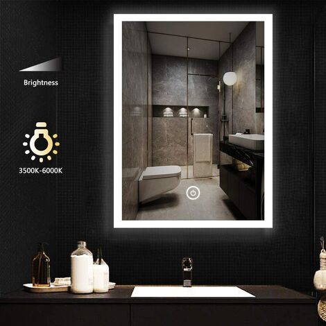 70x50cm Bathroom Mirror with LED Lighting, Illuminated Cosmetic Wall Mirror with Touch Switch.