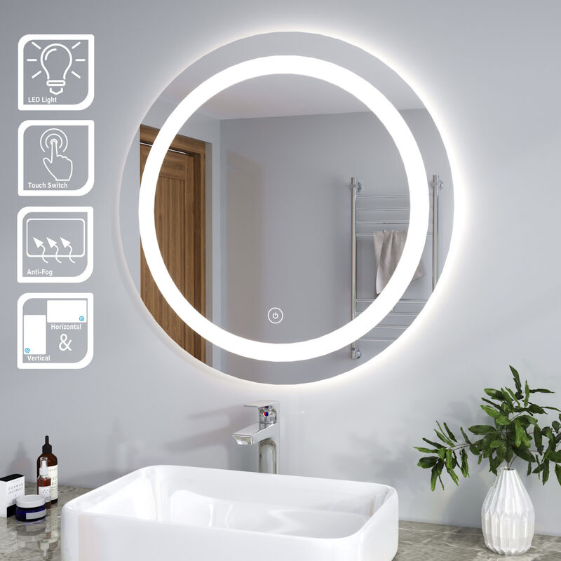 Sirhona - Miroir rond led Lumineuse led Miroir de maquillage modèle classique miroir anti-buée avec interrupteur tactile,lumière blanche 80x80cm