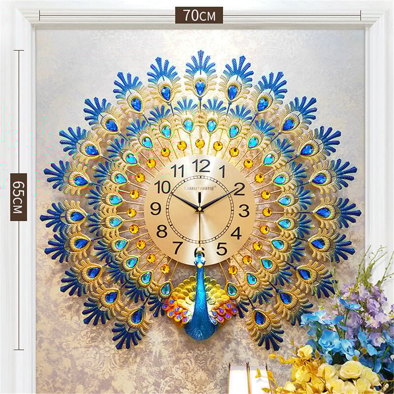 

70x70cm Relojes de pared de diamantes de pavo real de lujo Reloj de metal Reloj de pared grande