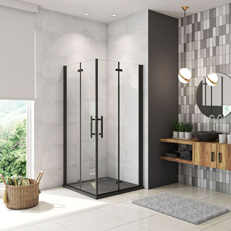 70x70x190 cm Box Doccia Angolare Porte Battente e Pieghevoli Vetro 5mm Temperato Trasparente Anticalcare Profilo Nero Opaco Piatto Doccia incluso