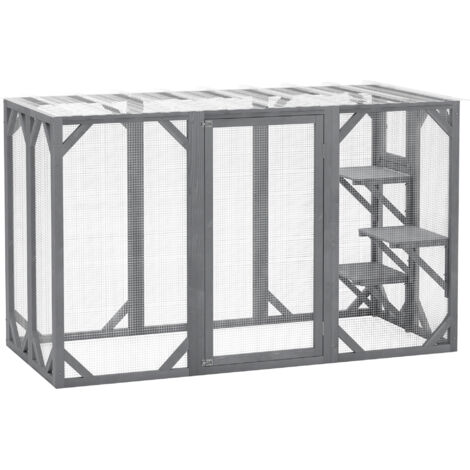 71" Outdoor Wooden Cat House with Three Platforms, Large Door, Water-Resistant Roof, for Multiple Cats, Grey