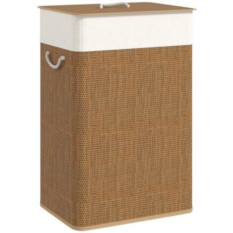 72L Bamboo Laundry Basket with Lid and Rope Handles, Removable Washable Liner, Stylish Hamper for Bathroom and Bedroom, Brown Color
